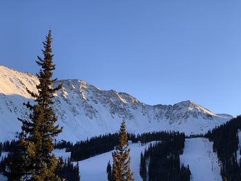 Scenic view of snowcapped mountains against clear sky