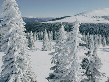 Snow covered land and mountains against sky