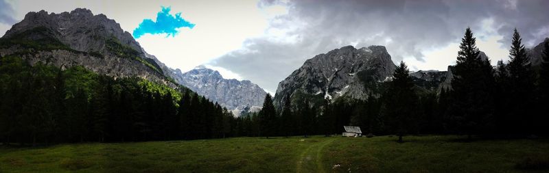 Panoramic view of trees and mountains against sky