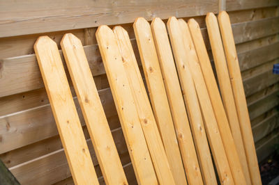 Wooden fence boards covered with colored varnish