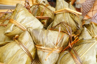 Close-up of leaves in wicker basket