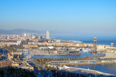 High angle view of city at waterfront