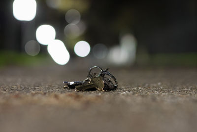 Close-up of metallic object on road