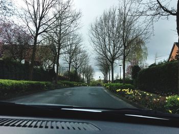 Road amidst trees against sky seen through car windshield