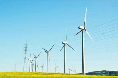 Wind turbines on grassy field against clear blue sky