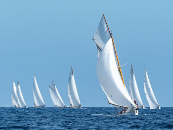 Sailboat sailing in sea against clear blue sky