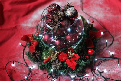 High angle view of christmas decorations on table