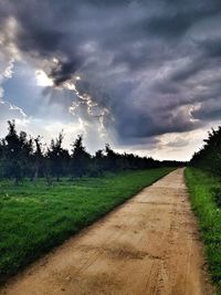 Dirt road amidst field against sky