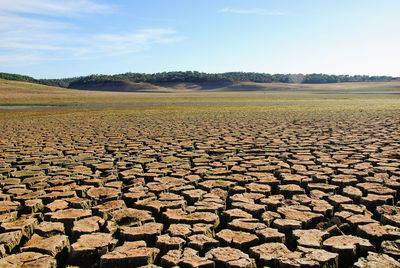 Cracked field against sky