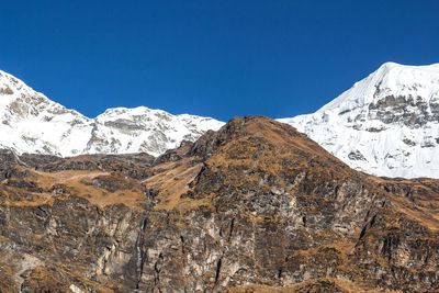 Scenic view of snowcapped mountains against clear blue sky