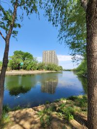 Scenic view of lake against clear blue sky