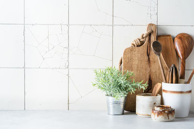 Potted plant against wall