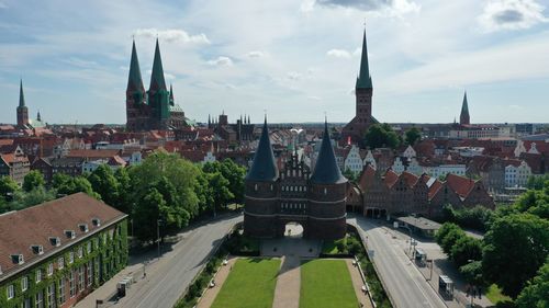 High angle view of buildings in city