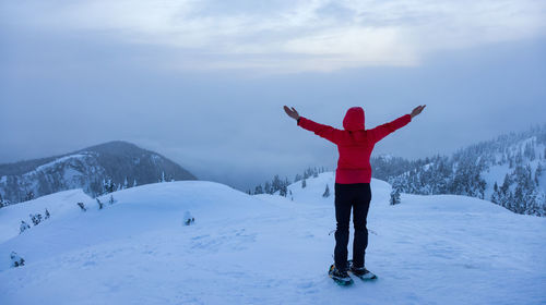 Rear view of person standing on snowcapped mountain against sky