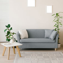 The interior of a modern living room in bright colors. sofa with pillows, coffee table, ficus 