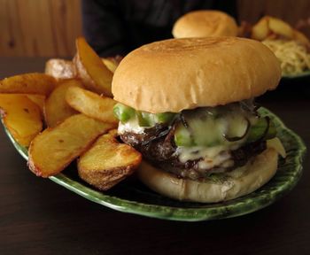 Close-up of burger and fried potatoes in plate