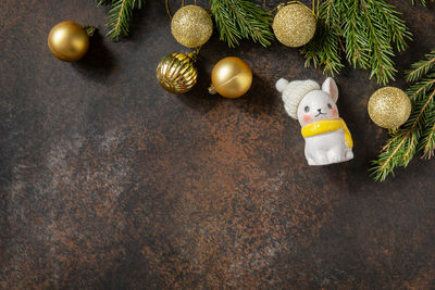 High angle view of christmas decorations on table