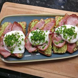 High angle view of breakfast served on table