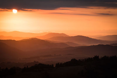 Scenic view of silhouette mountains against sky at sunset