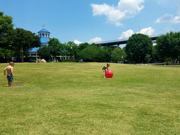 People playing soccer on grassy field