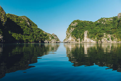 Scenic view of lake against blue sky