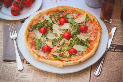 High angle view of pizza on table