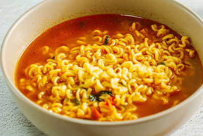 High angle view of soup in bowl