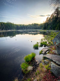 Scenic view of lake against sky at sunset