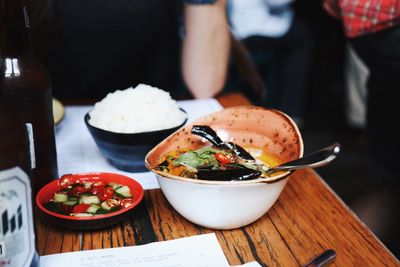 Close-up of food served on table