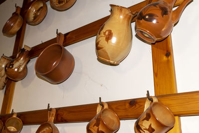 Low angle view of objects on table against wall