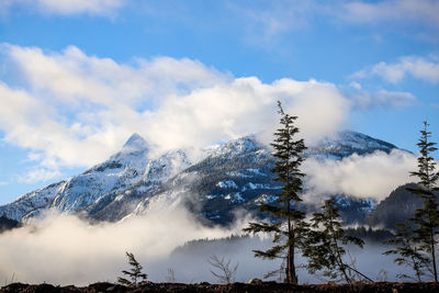 Low angle view of snowcapped mountains against sky