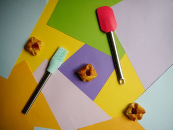 High angle view of colored pencils on table