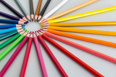 High angle view of multi colored pencils