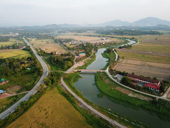 High angle view of agricultural field against sky