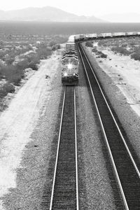 High angle view of train on railroad track against sky