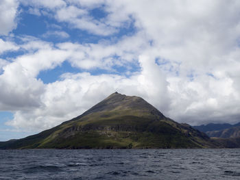 Scenic view of sea and mountains against sky