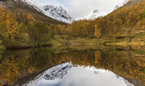 Scenic view of lake by snowcapped mountains against sky