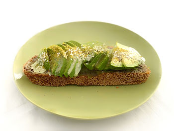 High angle view of breakfast in plate on table