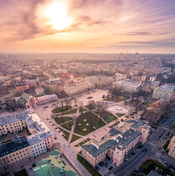 High angle view of cityscape against sky during sunset