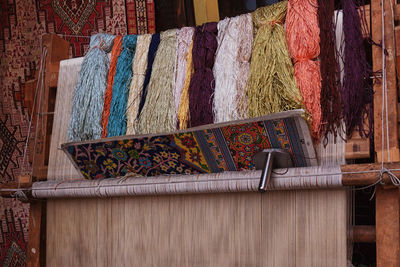 Low angle view of traditional weaving machine