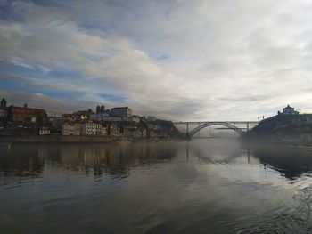 Bridge over river by buildings against sky