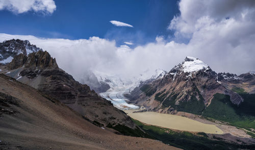 Panoramic view of snowcapped mountains against sky