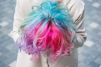 High angle view of woman with multi colored hair