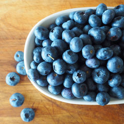 High angle view of grapes in bowl on table