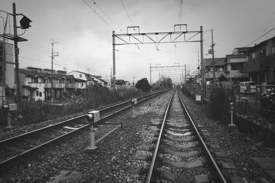 Railroad tracks on field amidst buildings against sky