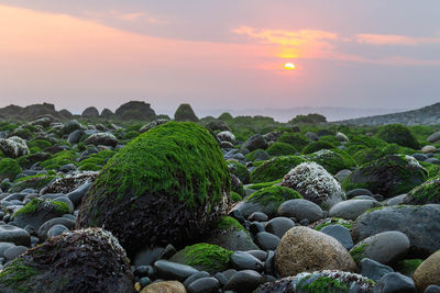 Rocks at sea shore against sky during sunset