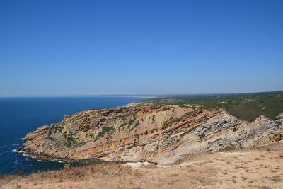 Scenic view of sea against clear blue sky