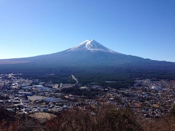 High angle view of houses against mt fuji