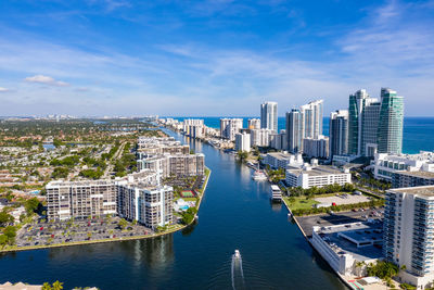 High angle view of buildings against sky in city