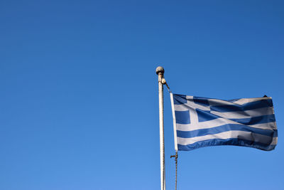 Low angle view of flags against clear blue sky